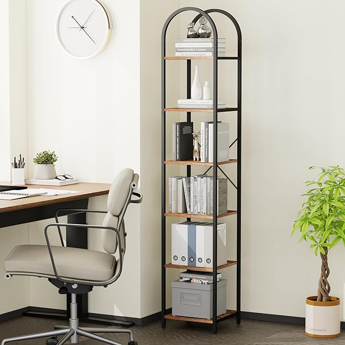 Homhedy 6-Tier Narrow Bookshelf Arched Display Racks, Wood and Metal Bookcase, Tall Bookshelf, Industrial Display Standing Shelf Unit, for Home Office, Living Room, Bedroom, Bathroom