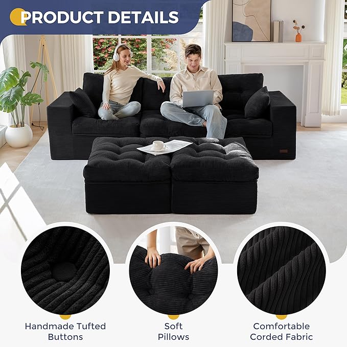 MAXYOYO 104" U Shaped Modular Sectional Sofa with 2 Ottomans, Cloud Boneless Couch with Layered Cushion, Flexible Module Combination Sofa for Living Room, No Assembly Required, Black