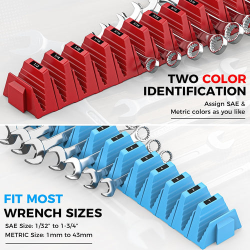 48PCS Magnetic Modular Wrench Organizers for Tool Drawers - Red & Blue - Wrench Rack with Metric & SAE Labels, Customizable Magnet Tool Storage Holder for Tool Box Organization