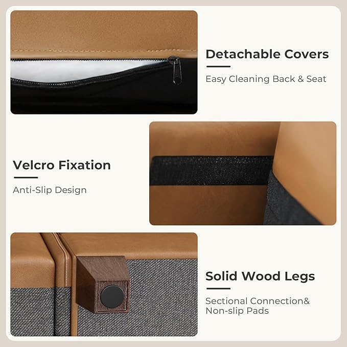 SITJOY 79" Faux Leather Modular Sectional Sofa with Storage, Mid Century Modern Sectional Couches for Living Room, 2 Seat Loveseat with Console Table, Hidden Cupholders, Brown