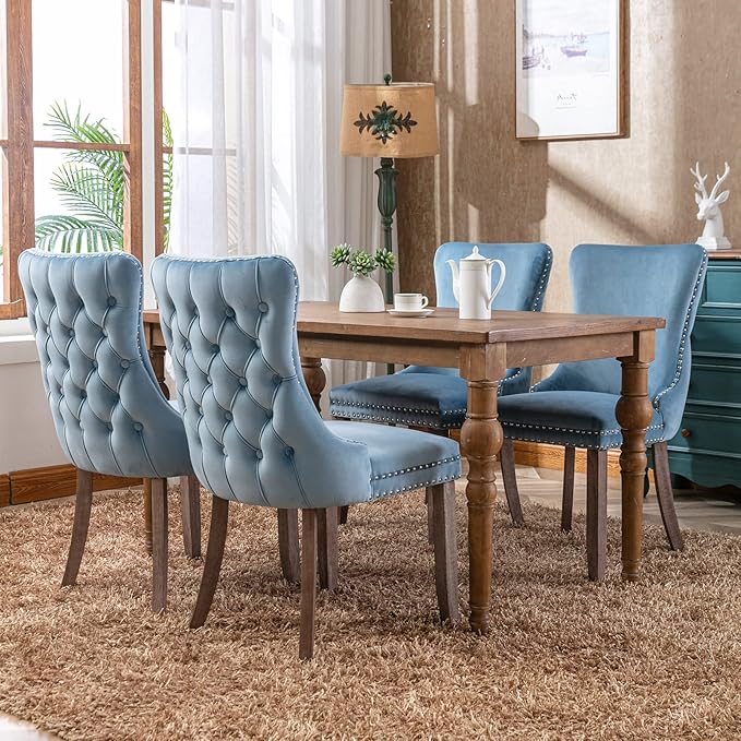 Modern Dining Chairs Set of 2, Upholstered Dining Chair with Full Back and Button Tufting, Blue Velvet Accent Chair, Sillas de Comedor, Comfy Kitchen Chairs (Light Blue, Velvet, 2Pcs)