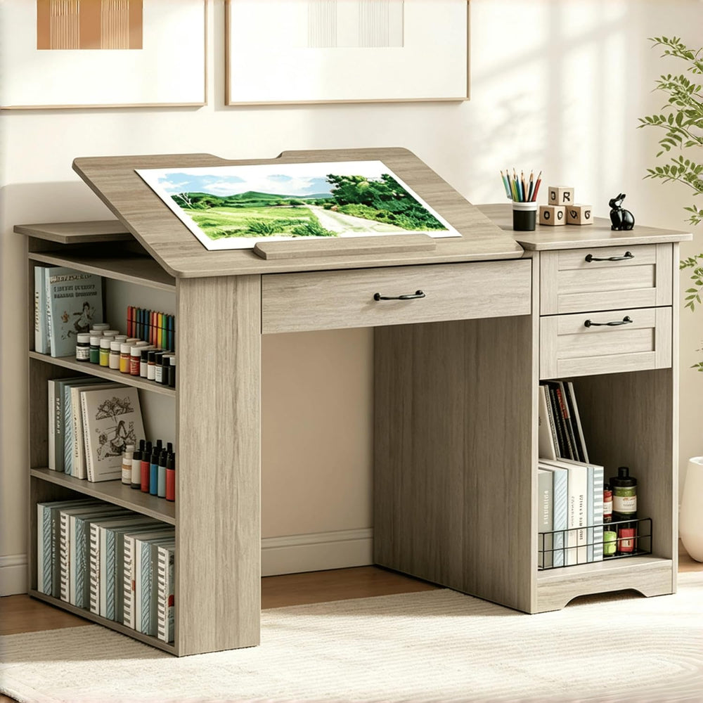 Drafting Table with Storage Cabinet & Drawers, Adjustable Drawing Desk wi...