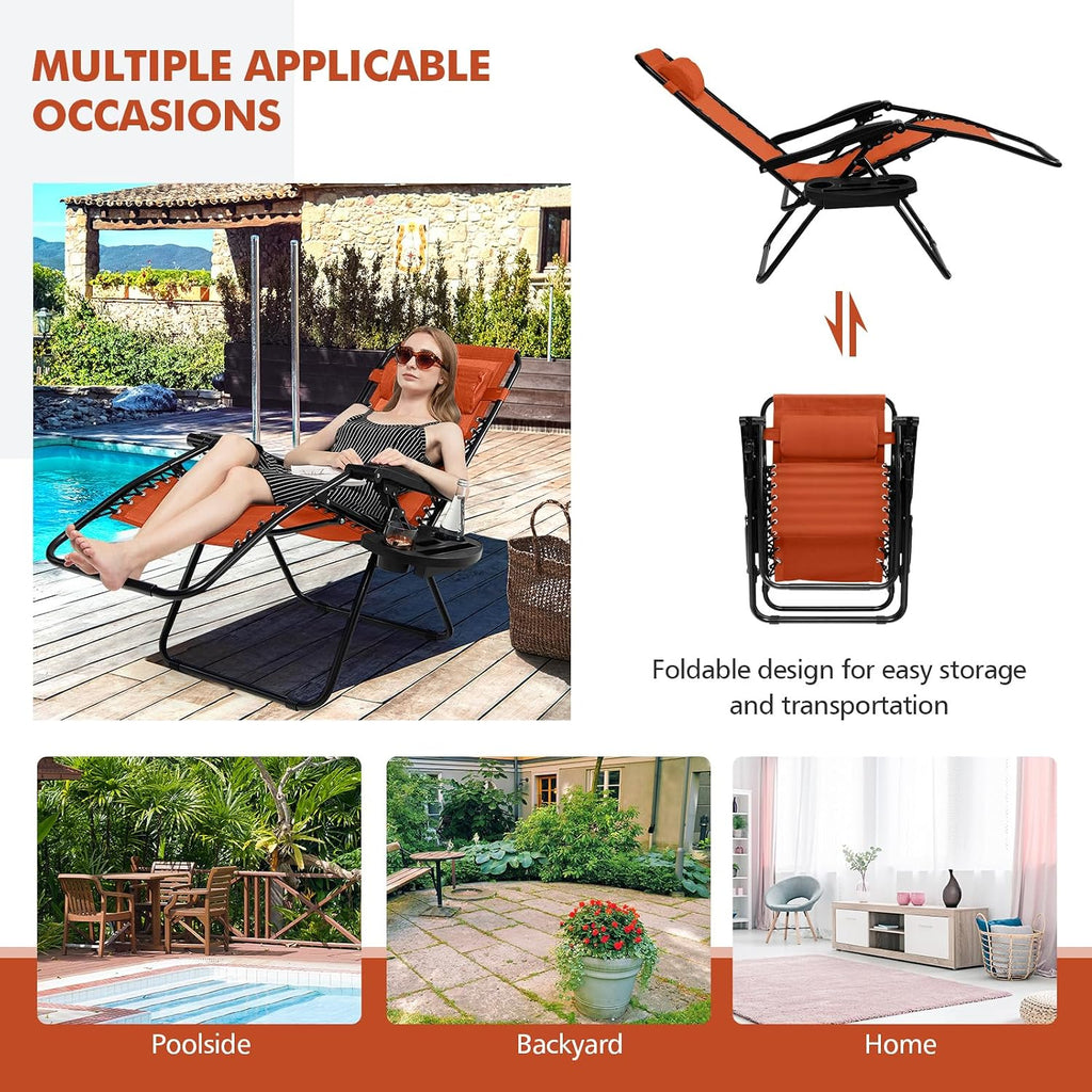 Tangkula Zero Gravity Chair, Folding Patio Lounge Chair Adjustable Outdoor Recliner with Cup Holder, Wide Armrest for Patio Garden Poolside Outdoor Yard Beach, Support 350 lbs (2, Orange)