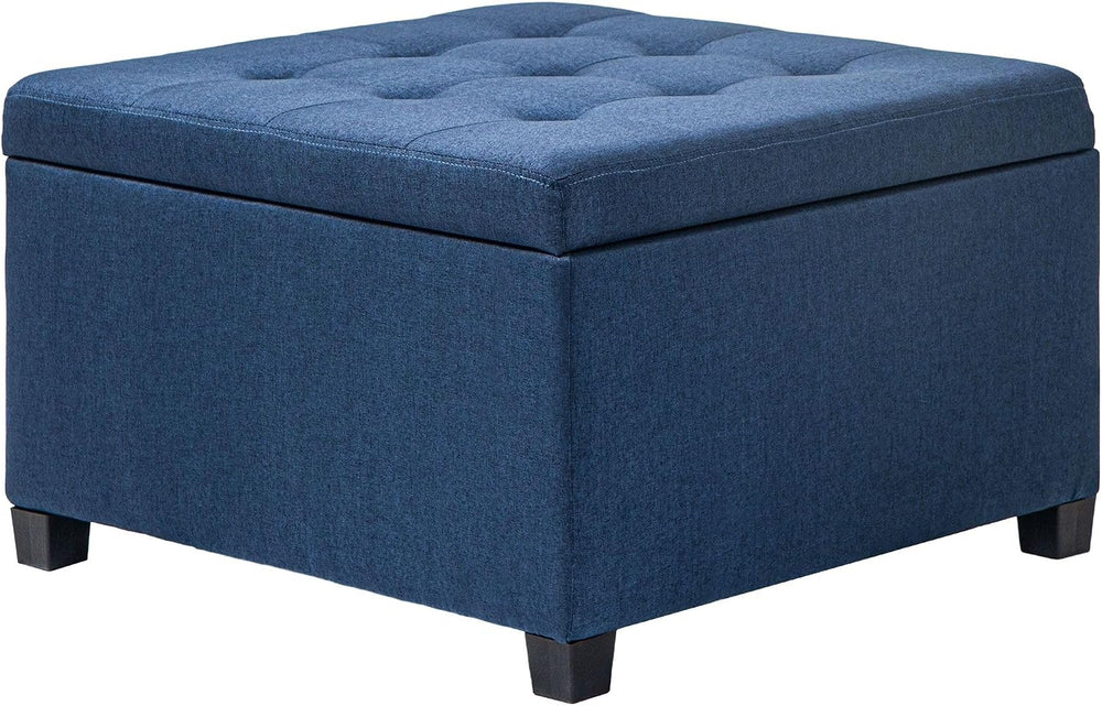 Round Storage Button Tufted Flip Top Ottoman in Classic Blue Velvet with Comf...