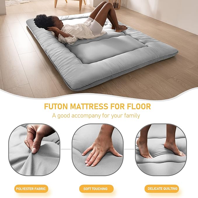 MAXYOYO Japanese Floor Mattress Futon Mattress, 4" Thicken Tatami Mat Sleeping Pad Foldable Roll Up Mat Boys Girls Dormitory Pad Kids Floor Lounger Pillow Bed, Charcoal Grey, Queen Size