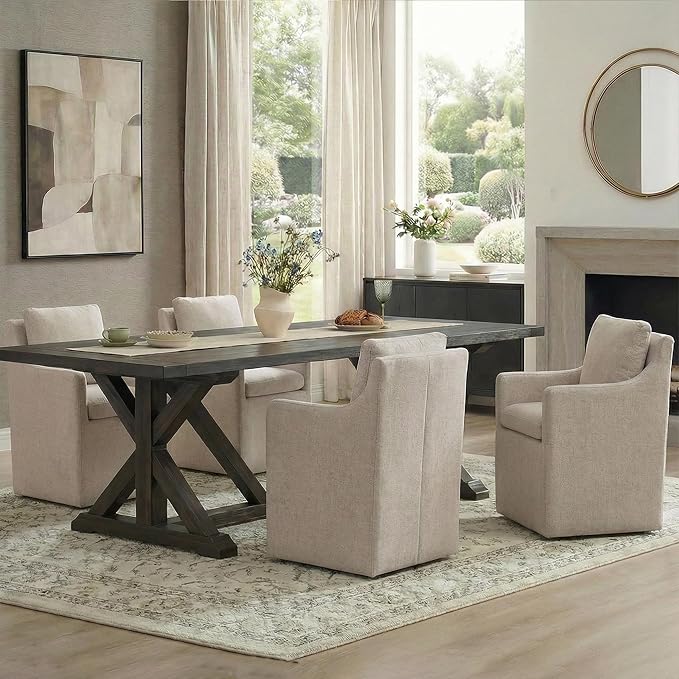 Upholstered Dining Chairs with Casters, No Assembly Modern Accent Armchair with Rollers for Dining Room, Bedroom, Living Room, Reading Room, Already Assembled, Sand, 4 Box
