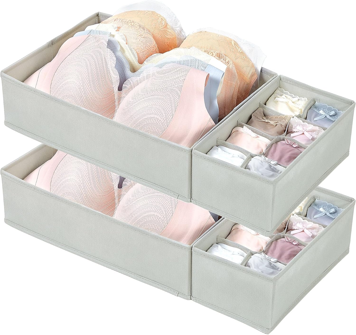 Vtopmart 4 Pack Large Bra Drawer Organizer, 16 Inch Foldable Fabric Underwear Storage Tray for Dresser Drawers, Keeps Shape for M-XL/34D-40D Bras, Closet Organizer