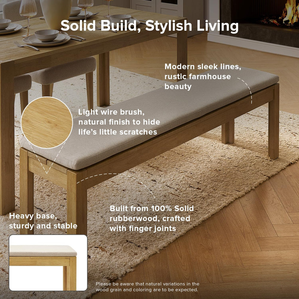 mopio Logan Upholstered Beige Dining Bench, Modern Farmhouse Solid Wood with ...