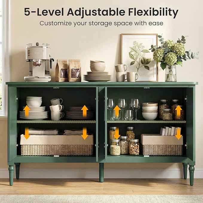 RoyalCraft 59" Buffet Cabinet with Storage, Vintage Sideboard with Adjustable Shelves & Carved Handle, Mid Century Modern Painted Credenza Coffee Bar for Kitchen, Dining Room, Forest Green