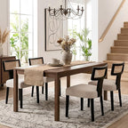 HNY Mid Century Modern Rattan Dining Chairs Set of 4, Farmhouse Linen Upholstered Accent Chair Curved Backrest Kitchen Chairs, with Black Hardwood Frame, Beige