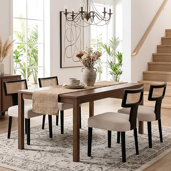 HNY Mid Century Modern Rattan Dining Chairs Set of 4, Farmhouse Linen Upholstered Accent Chair Curved Backrest Kitchen Chairs, with Black Hardwood Frame, Beige