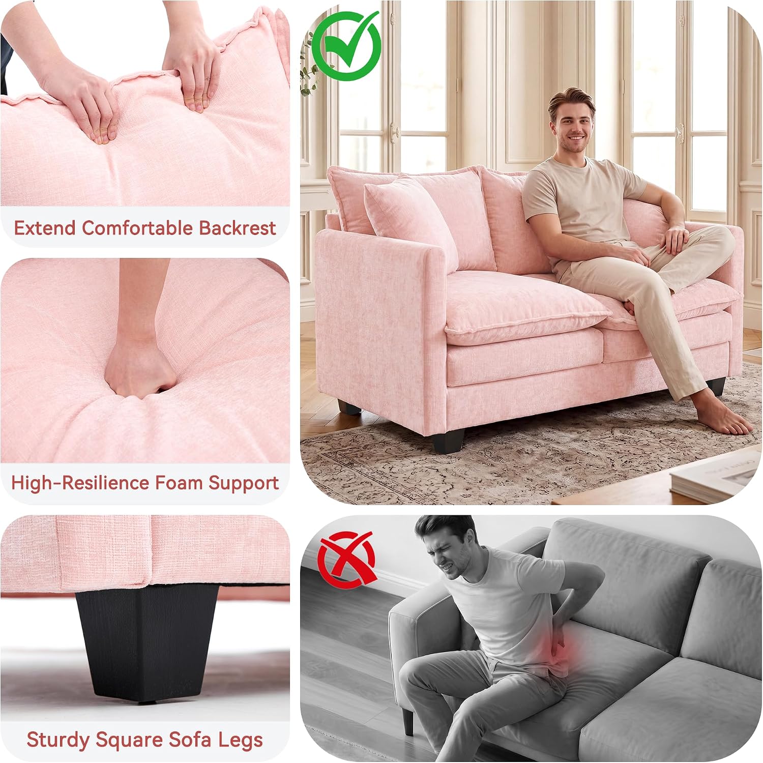 Loveseat Sofa Couch, Small Mini Compact 50" Love Seat 27" Deep Cloud Sofa Seat Washable Chenille Pillow for Apartment Bedroom Dorm Attic Studio Office Living Room Small Space 50-Pink