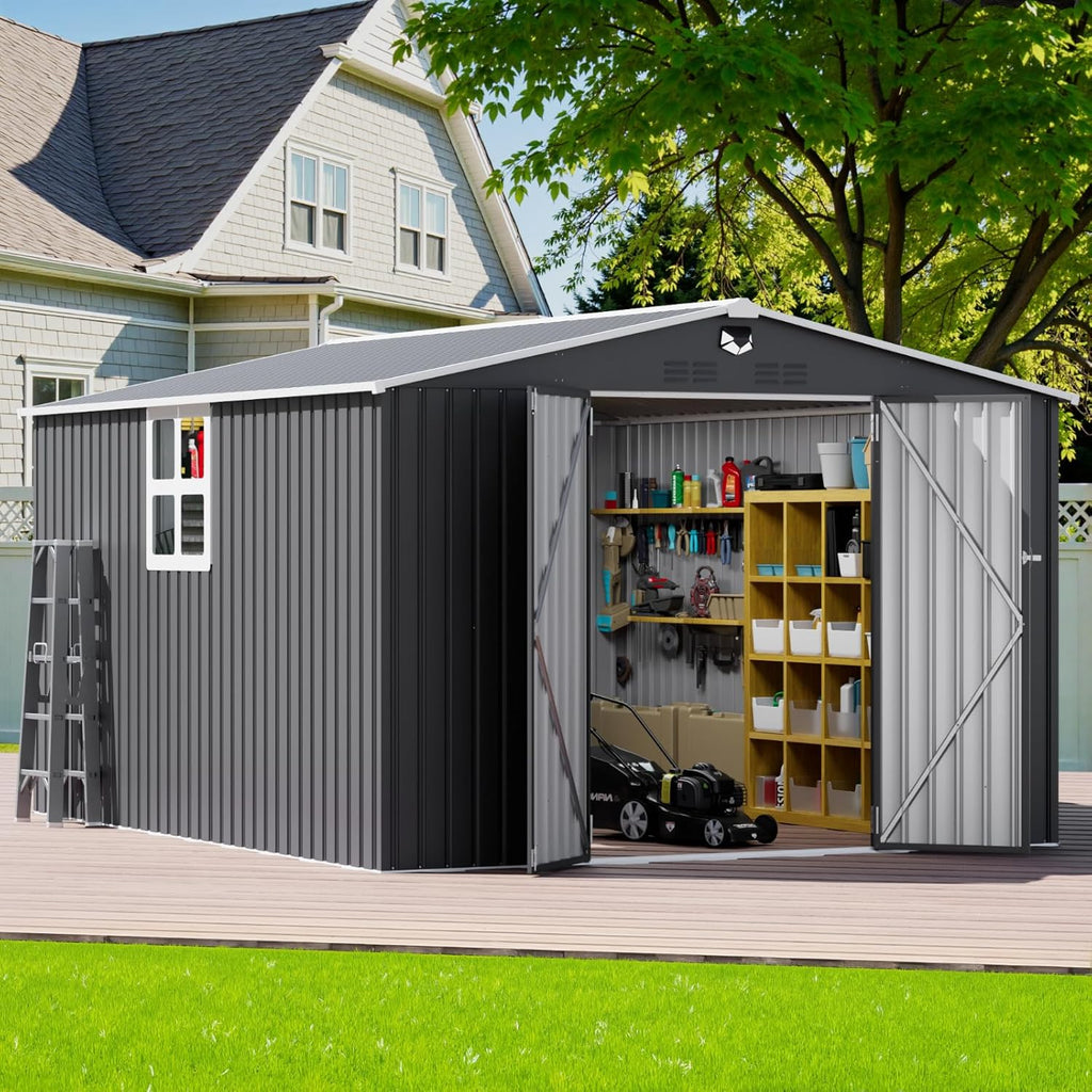 10x12 FT Outdoor Storage Shed, Metal Garden Shed - Tool Storage Sheds with Lockable Doors & 1 Clear Window, Waterproof Outside Storage Building for Backyard, Patio (Black; Floor Not Included)