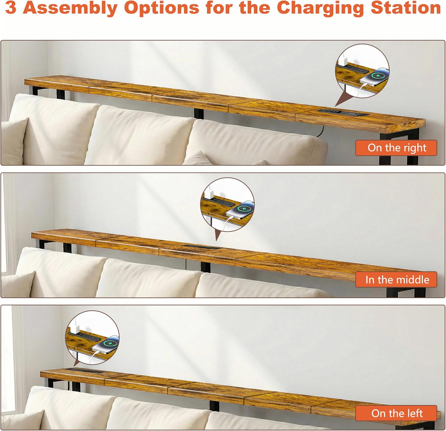 70" Narrow Sofa Table with Outlet (2 AC Outlets & 2 USB Ports), Behind Couch Table with Charging Station, Long Skinny Console Table for Living Room, Entryway and Hallway (Rustic Brown)