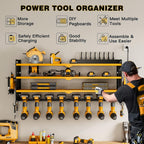Power Tool Organizer Wall Mount with Charging Station, 8 Drill Holder, 4 Layer Storage Rack for Garage Organization, Tool Holder with 8 Outlet Power Strip (Yellow)