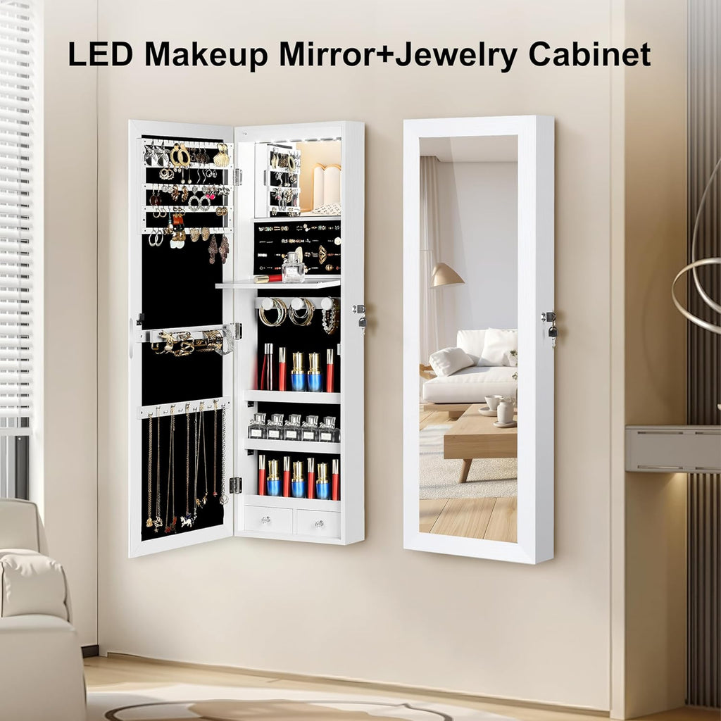 Mirror Jewelry Organizer, Wall/Door Mounted Jewelry Armoire with Full-Length Mirror,Hanging Jewelry Cabinet with LED Interior Lights, White
