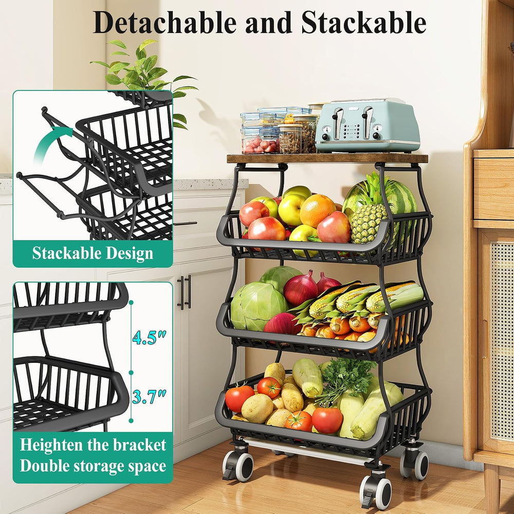 SAYZH 4-Tier Fruit and Vegetable Basket Stand for Kitchen, Wood Top, Black | ...