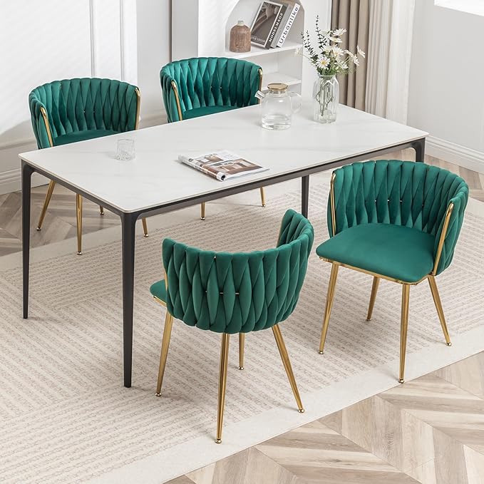 Velvet Dining Chairs Set of 4, Modern Upholstered Dining Chairs with Gold Metal Legs for Dining Room, Vanity, Kitchen, Living Room(Green)