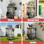 Garden Tool Organizer, 3-Tier Metal Yard Tool Rack with 14 Hooks & 5 Slots, Holds 50+ Rakes/Shovels/Brooms, Heavy Duty Freestanding Lawn Tool Storage for Garage Shed Outdoor Organization