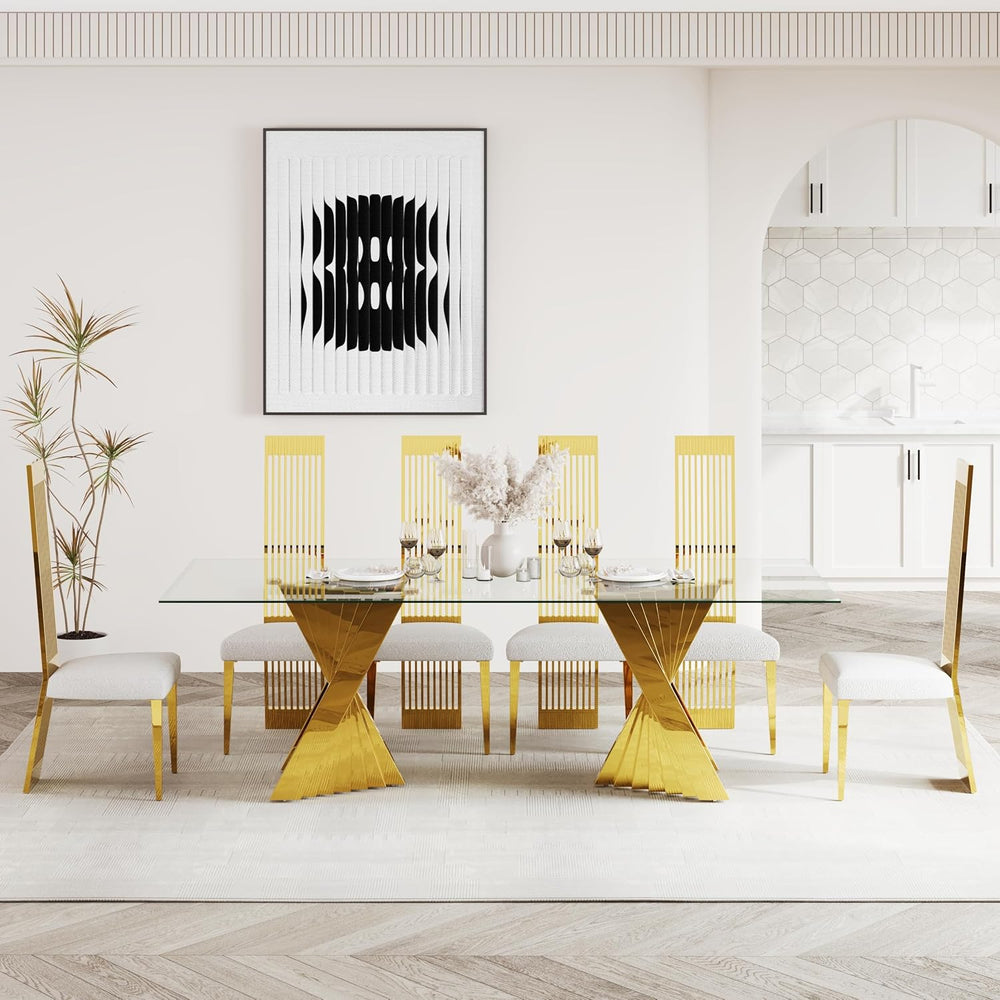 White and Gold Dining Chairs Set of 2, Upholstered Boucle Dining Room Chairs ...