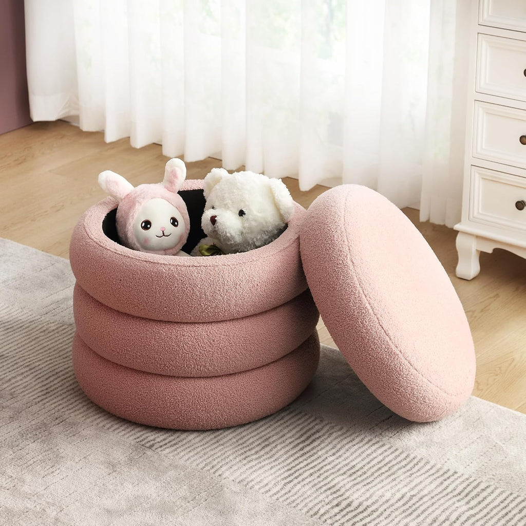 20.1 Inch Round Storage Ottoman, Modern Sherpa Ottoman Coffee Table with Removable Top, Pink Vanity Stool with Storage for Bedroom, Living Room, Dorm, Set of 1