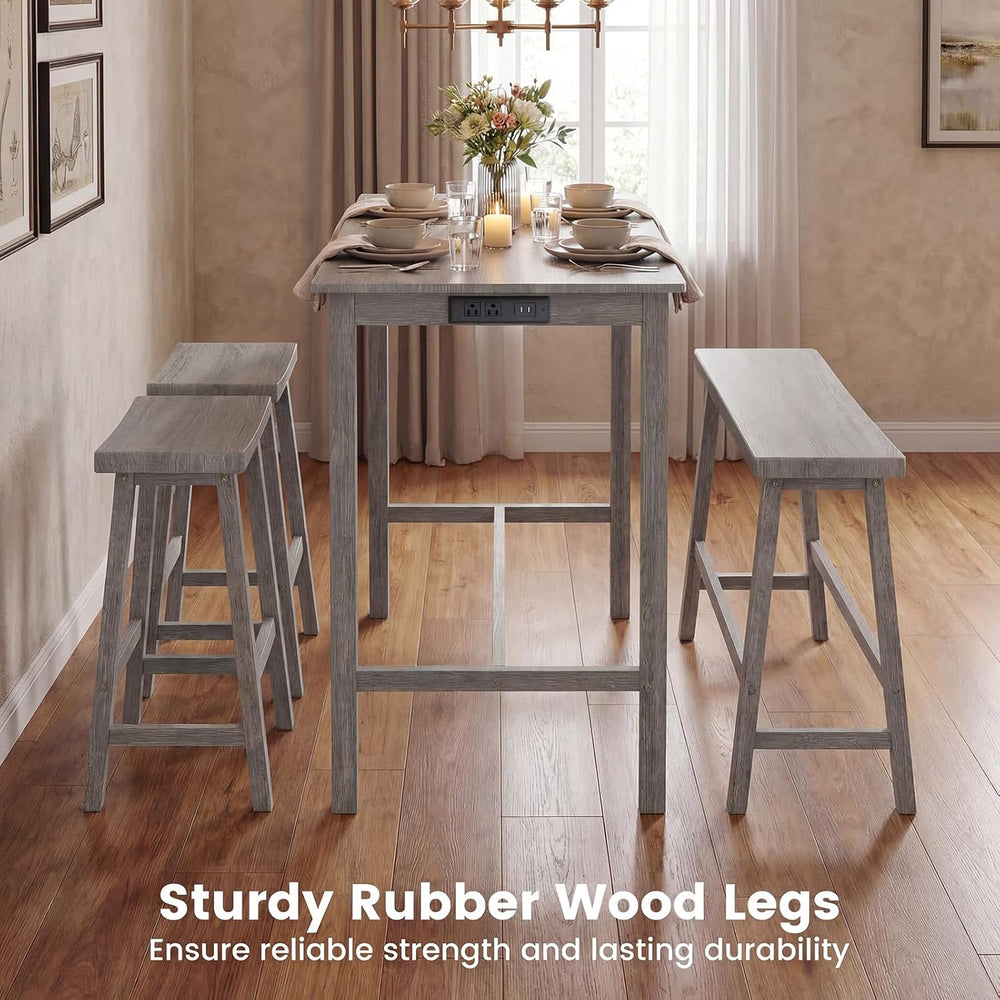 GIANTEX 4-Piece Counter Height Dining Table Set with Power Outlet, Solid Rubb...