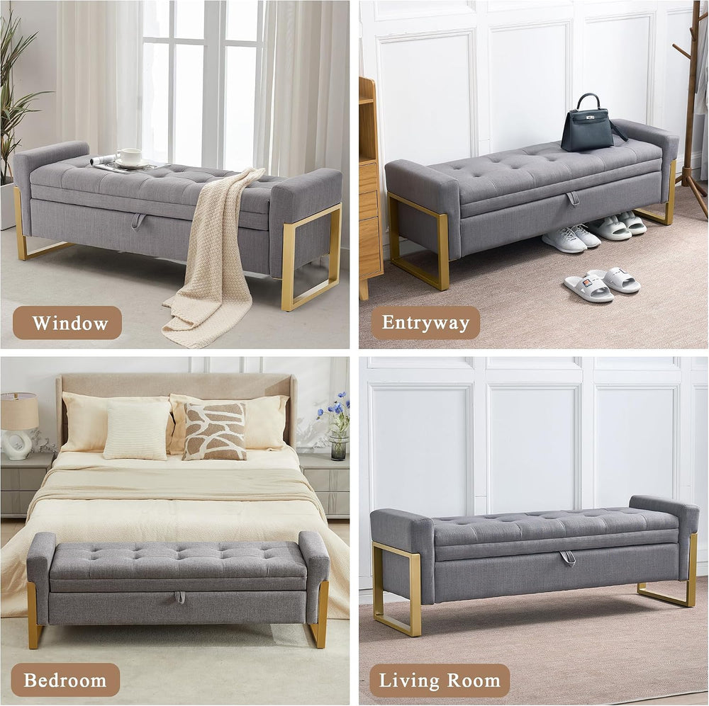 57" Storage Ottoman Bench，Upholstered Linen End of Bed Bench Entryway St...