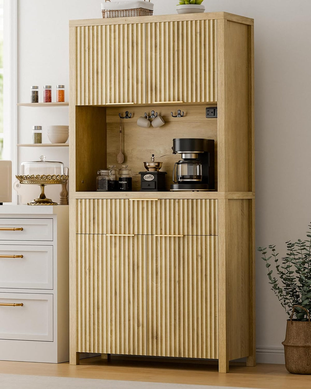 Lulive 71" Fluted Pantry Cabinet with Charging Station, Natrual | Adjust...