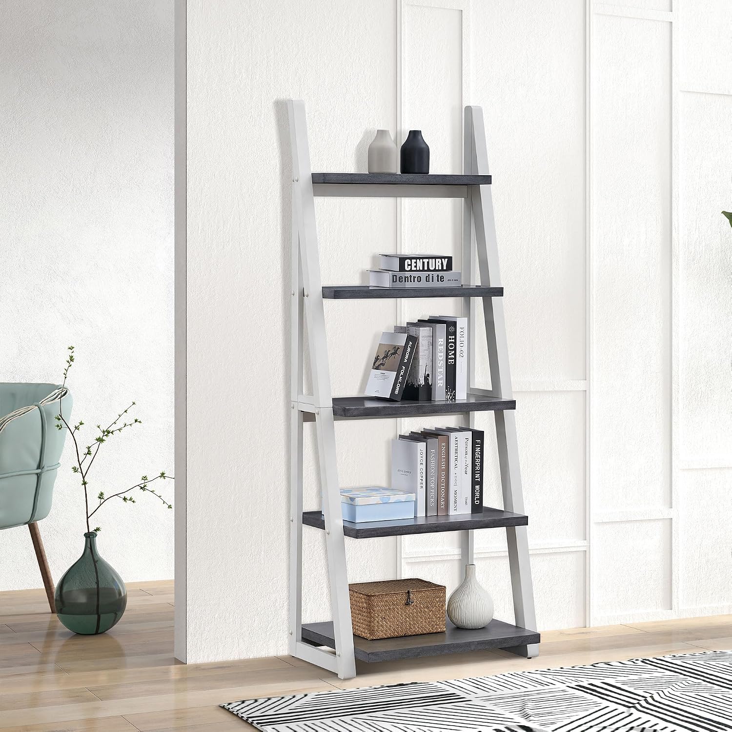 roomfitters 5-Tier Shelves, Modern A-Frame Ladder Bookshelf, Wooden Leaning Decorative Storage Display Rack, Grey and White