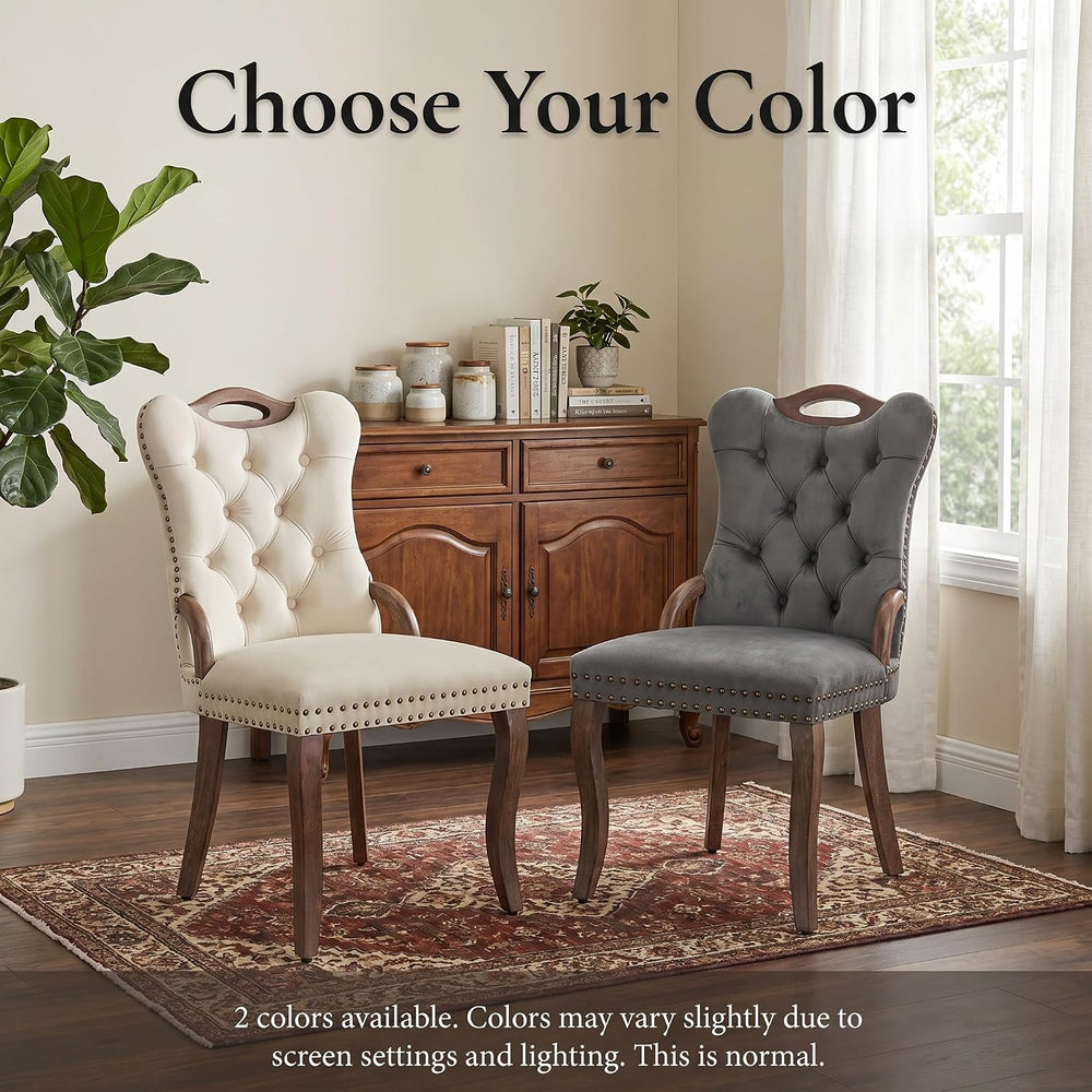 High Back Dining Chairs Set of 2 Vintage Velvet Upholstered Solidwood (Gray)
