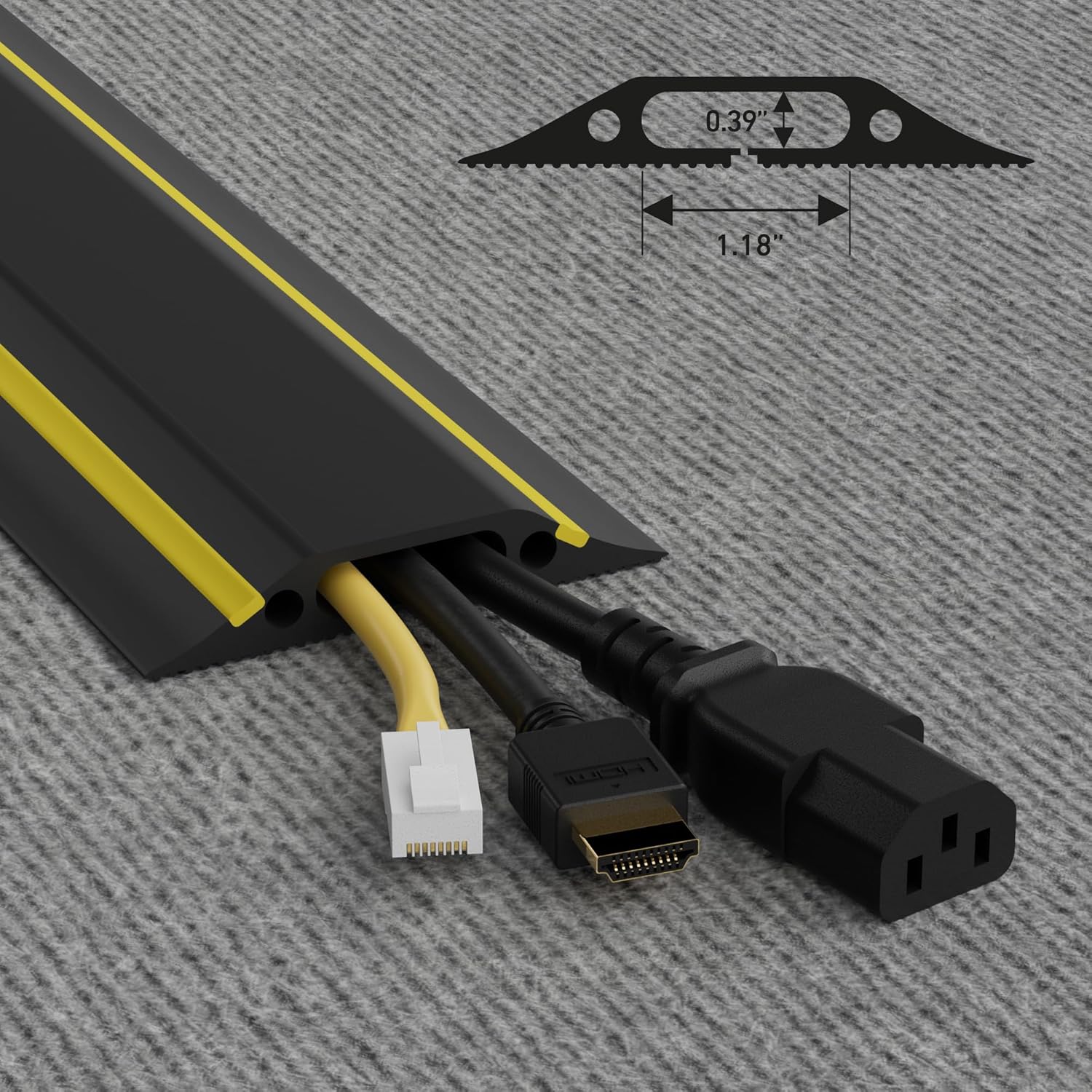 D-Line 6ft Floor Cord Cover, Made in USA Linkable Cable Protector, Hide Extension Cords, Protect Cords, Prevent Cable Trips, Cord Hider, Heavy Duty - Cord Cavity = 1.18" (W) x 0.39" (H), Black/Yellow