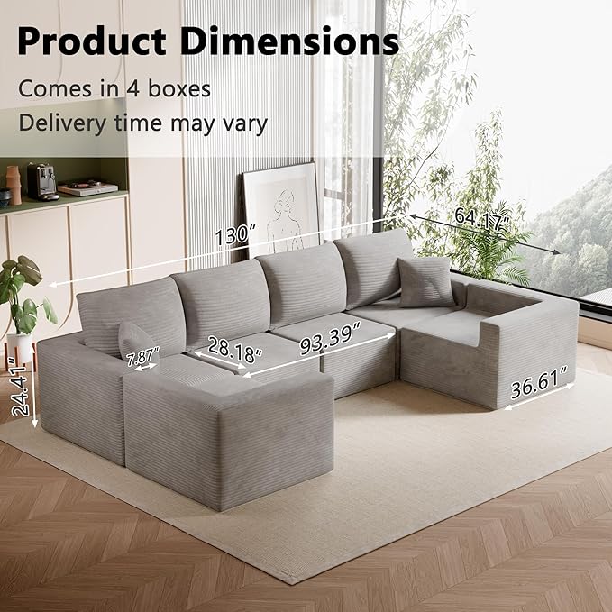 Homall Sectional Couches for Living Room, Modern Boneless Couch with Deep Seat, Upholstered Cloud Sofa, No Assembly Required (Grey, Oversized Sofa)