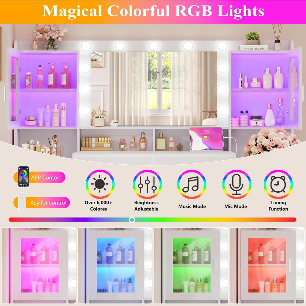 HUAHUU Large Vanity Desk with Mirror & Lights, 54.3'' Makeup Vani...
