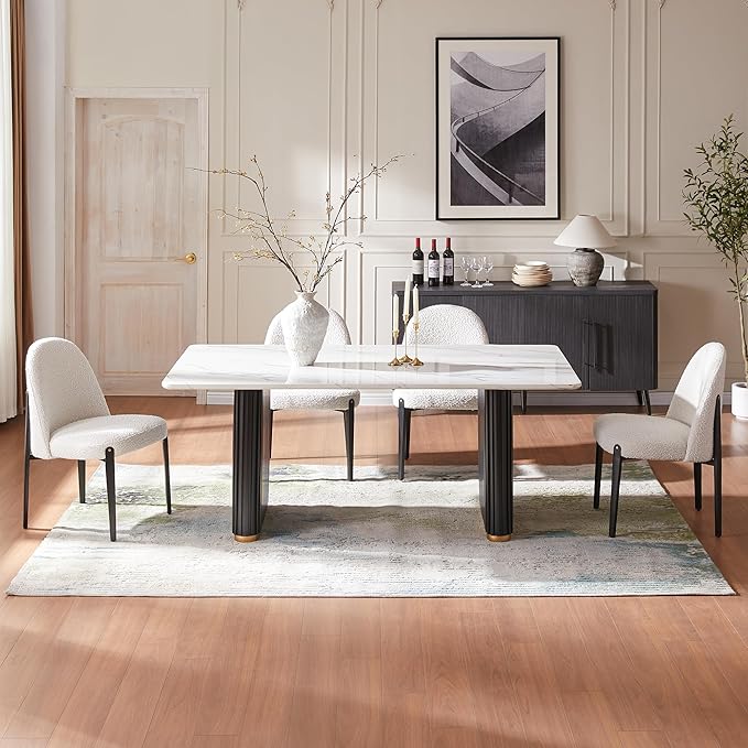 Morden Fort Boucle Dining Chairs Set of 4, Thick Upholstered Chairs with Metal Legs & Curved Backrest, Post Modern Minimalist Chair for Dining Room, Kitchen, Living Room, Bedroom, Apartments, White