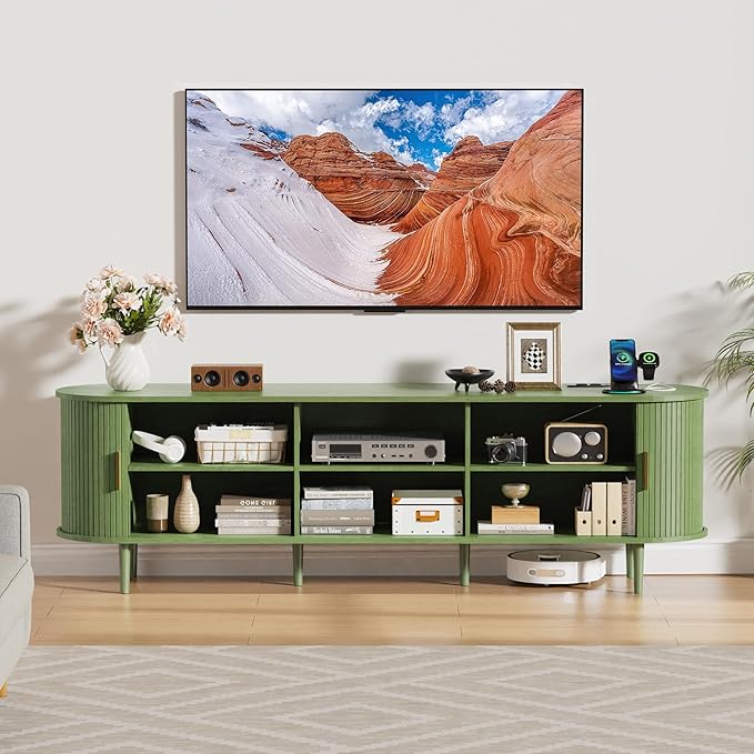 DHH 70.8 Inch Mid Century Modern TV Stand with Power Outlet for TVs up to 80 Inch, Entertainment Center with Storage and Adjustable Shelves, Media Console with Sliding Doors for Living Room(Green)