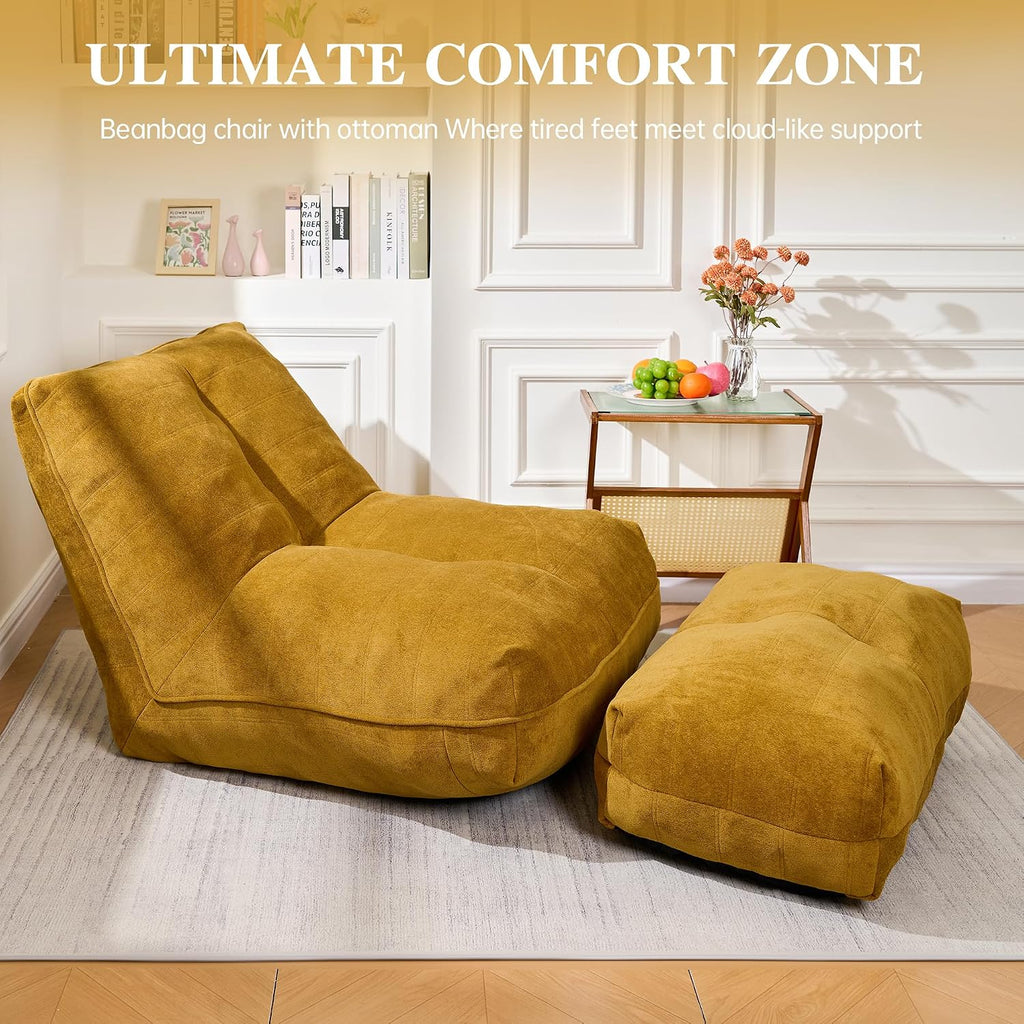 Cvortll Bean Bag Chair with Ottoman, Comfy Bean Bag Sofa with Memory Foam, Lazy BeanBag Sofa with Footstool, Fireside Bean Bag Couch for Living Room, Bedroom, Apartment (Yellow)