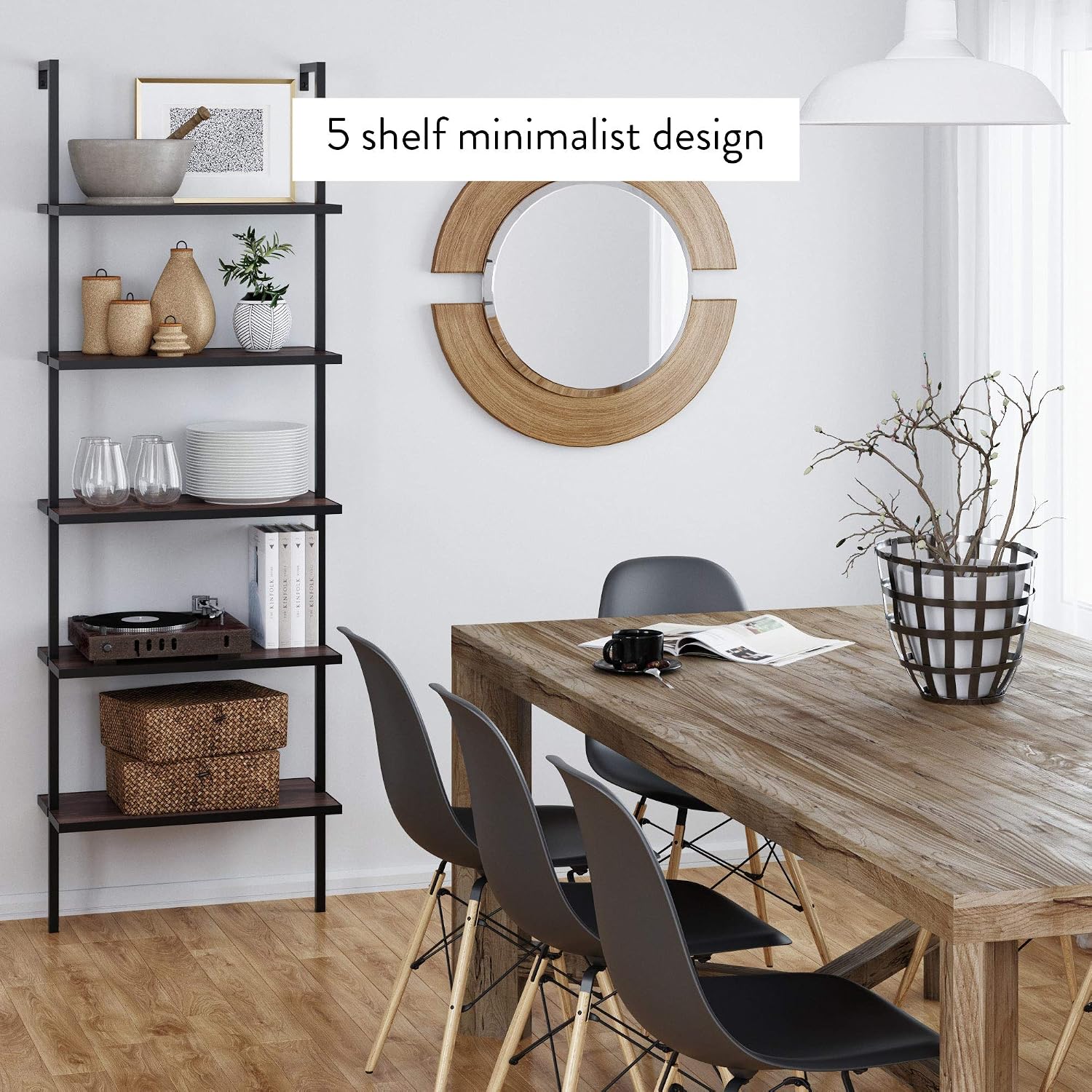 Nathan James Theo 5-Shelf Wood Modern Bookcase, Open Wall Mount Ladder Bookshelf with Industrial Metal Frame, Walnut Brown/Black, Set of 2