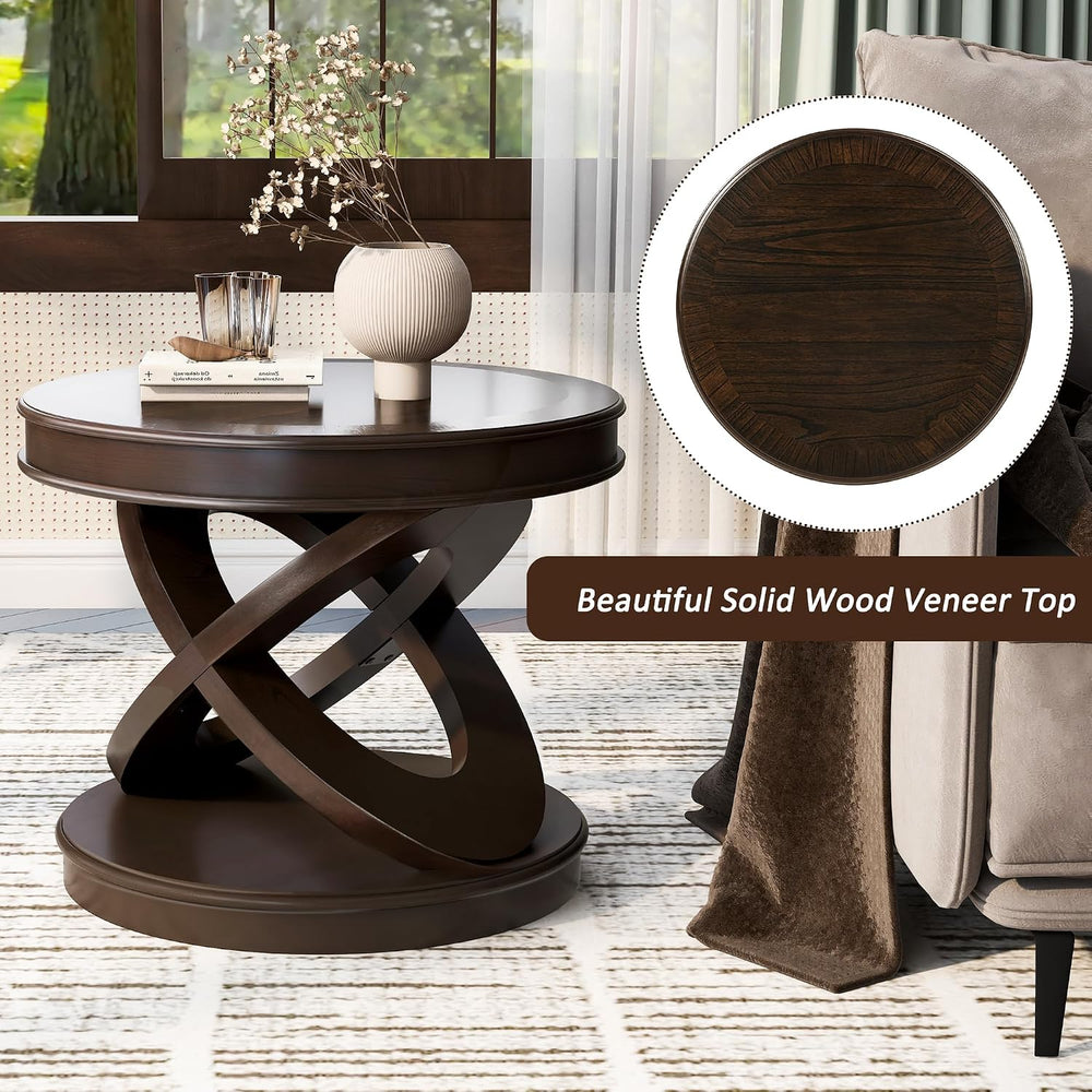 Retro Round Wooden End Table, Sofa Side Table with X-Shape Base for Living Room