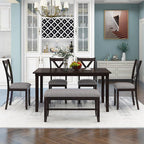 6 Pieces Dining Table Set with 60" Rectangle Kitchen Desk,Living Room Furniture W/ 4 "X-Shaped Curved Backres Fabric Chairs & 1 Bench,for Restaurant,Home Bistro,Espresso