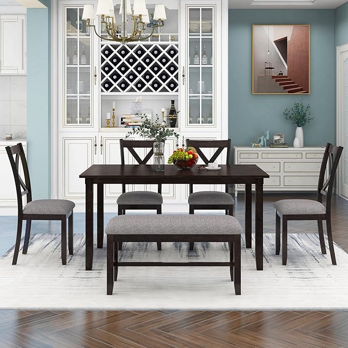 SogesPower 6-Piece Kitchen Dining Table Set for 4-6,Rectangular Dining Table with 4 Fabric Chairs & 1 Bench for Dining Room Living Room,Espresso