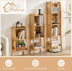 Welnow Bamboo Rattan Bookcase with Cabinet, 2-Tier Storage Shelf with Side Table & End Table Function, Large Modern Wood Organizer for Living Room or Bedroom, Natural Bookshelf