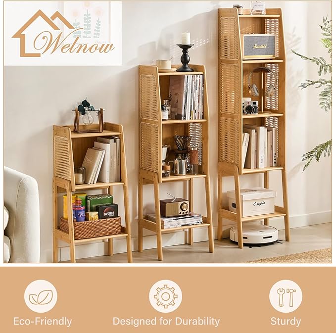 Welnow Bamboo Rattan Bookcase with Cabinet, 1-Tier Storage Shelf with Side Ta...