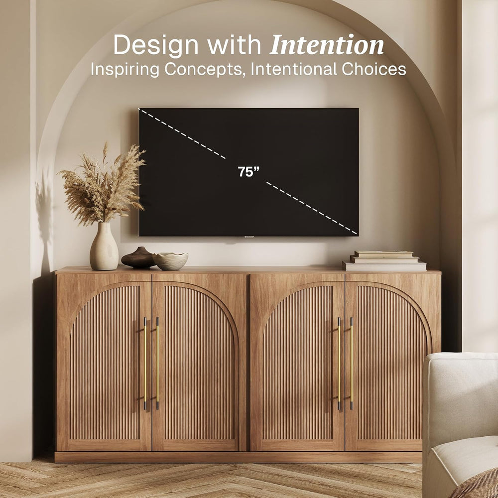 BELLEZE 65 Inch Sideboard Cabinet with Double-Arc Wood Doors, Large Buffet Ca...
