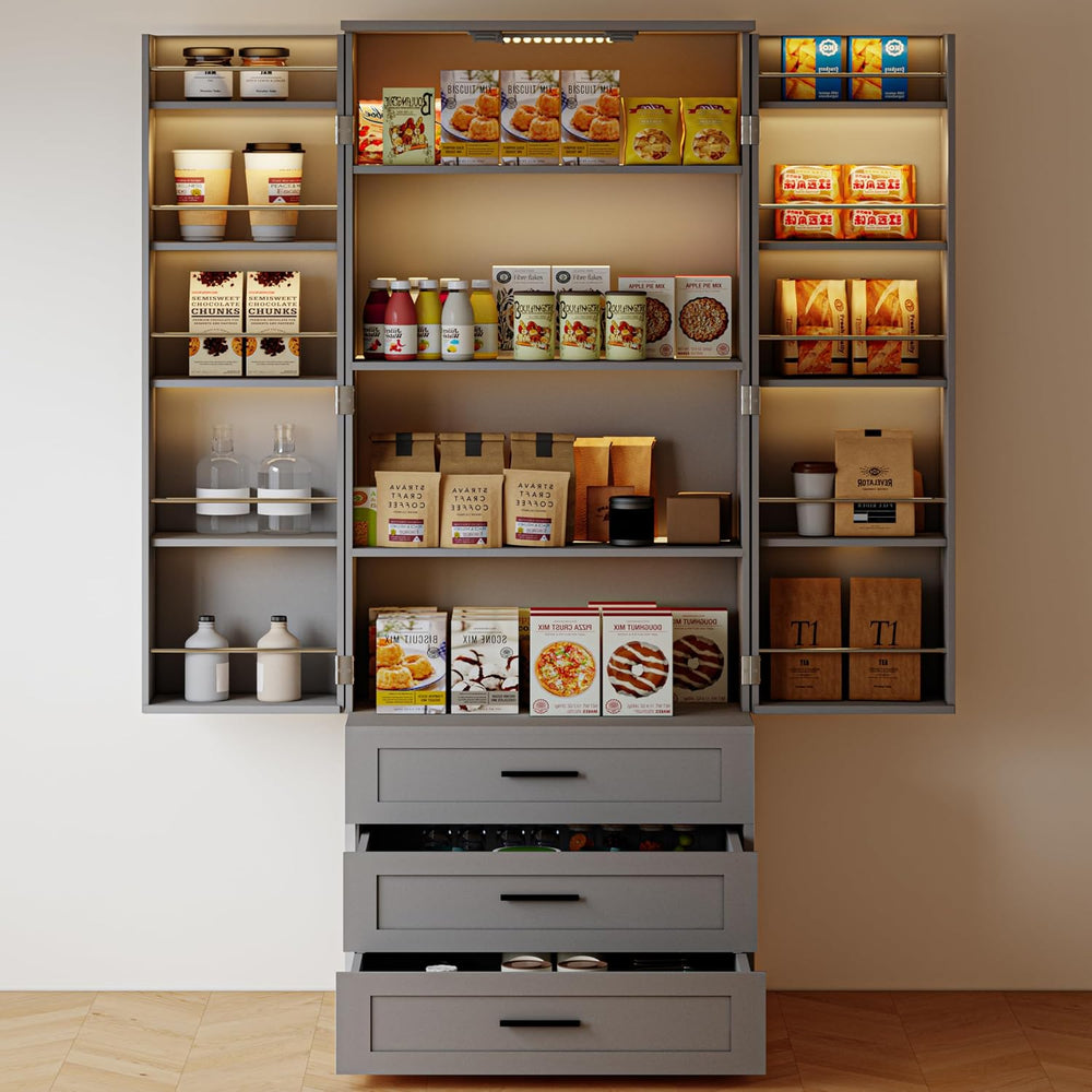 FJTJBSI 72" LED Kitchen Pantry Cabinet with 3 Drawers Farmhouse Tall Sto...