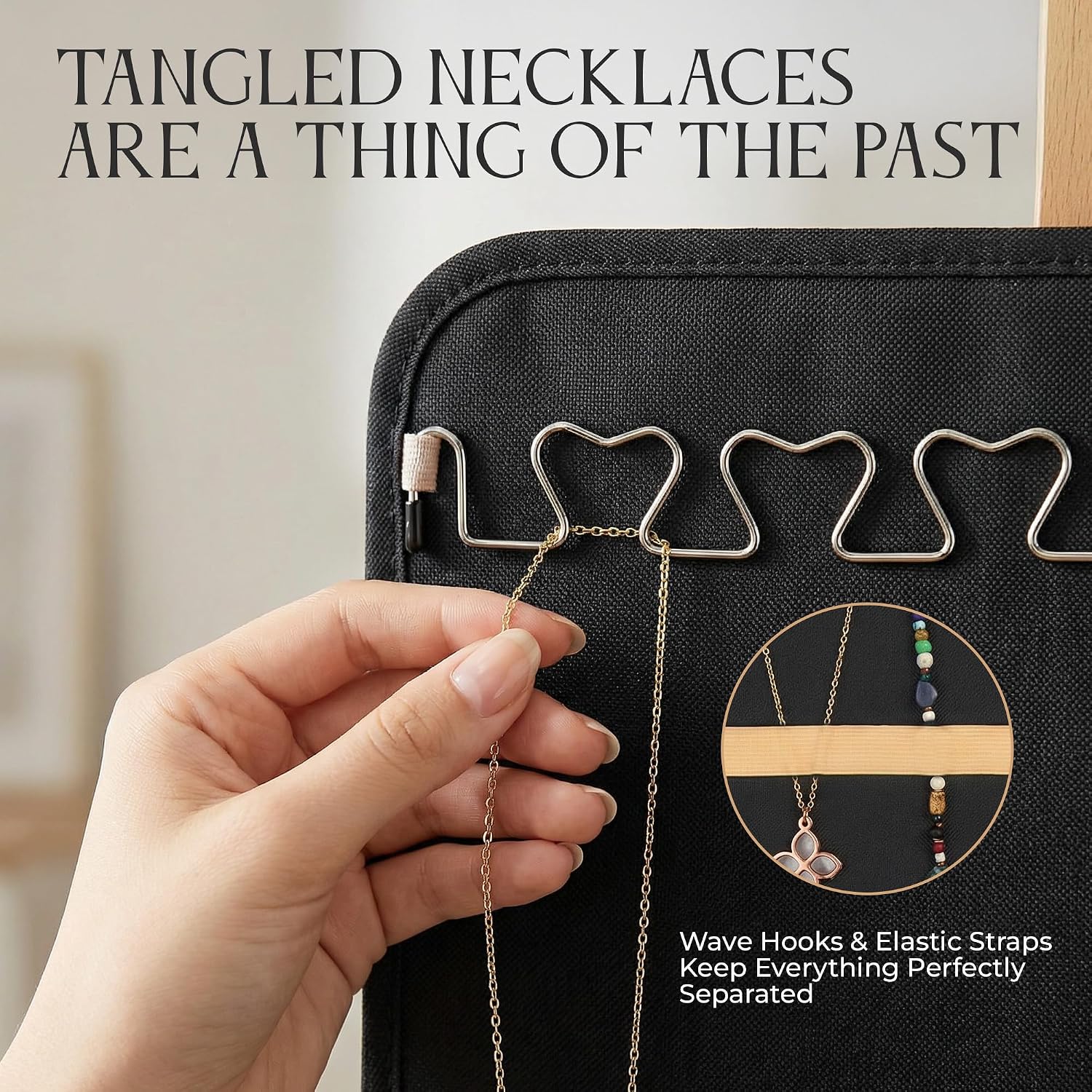 Hanging Jewelry Organizer Storage with Hanger Metal Hooks Double-Sided Jewelry Holder- Wall Mount Holder for Earrings, Necklaces, Rings on Closet, Wall, Door, 1 piece, Large, Black