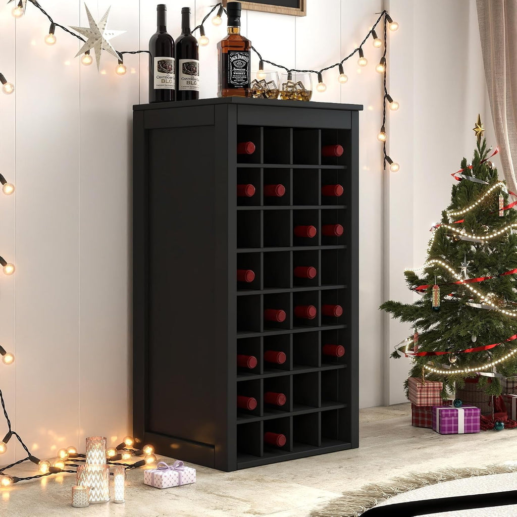 WERSMT 8-Tier Freestanding Wine Rack Wood, 32 Bottles Wine Rack Counter for Small Space, Farmhouse Stackable Modular Wine Bottle Holder Rack, Black