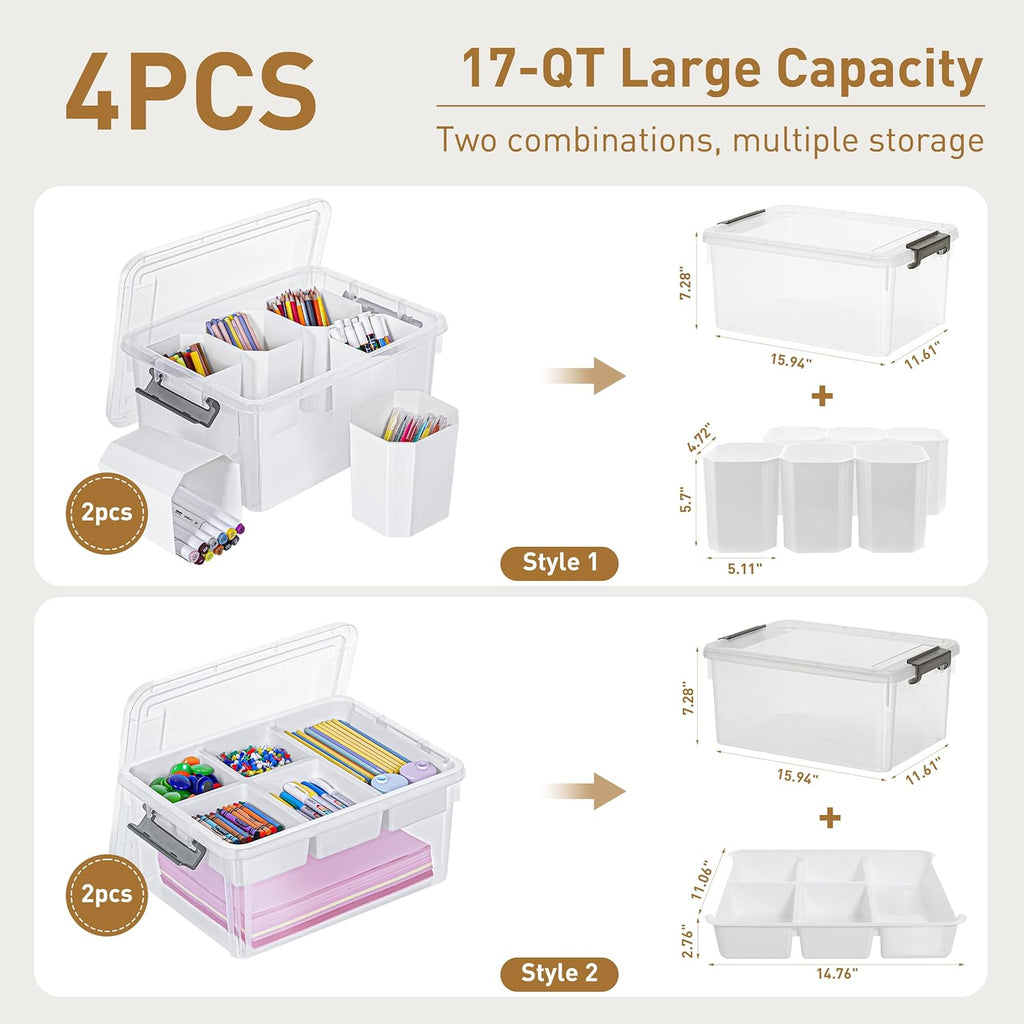 Citylife 17 QT Plastic Storage Box with Removable Tray and 6 Detachable Tall Inserts Craft Organizers and Storage Clear Storage Container for Organizing Crayon, Craft, Sewing, Playdoh, 4 Packs