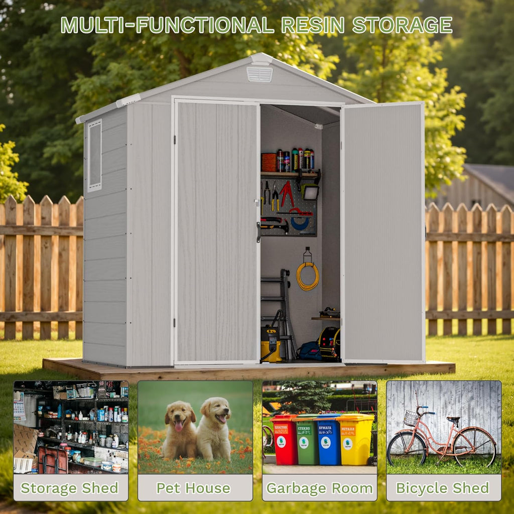 Greesum 6x4FT Plastic Outdoor Storage Shed with Floor, Resin Sheds with Lockable Double Door, All-Weather Tool Sheds with Window and Vents, for Garden, Backyard, Patio, Light Gray