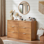 LEYAOYAO Fluted 6 Drawers Dresser, 48" Wide Modern Chest of Drawers with Wood Grain Top, Curved Profile Design, Dresser TV Stand, Wood Drawer Organizer for Bedroom, Living Room, Hallway,Brown