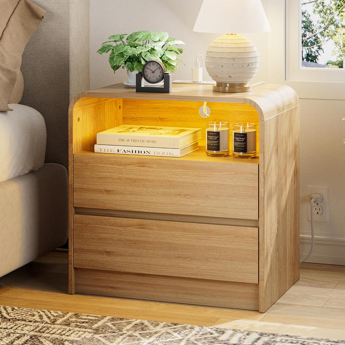 23"W 2 Drawer Nightstand with Charging Station and RGB LED Light | Curved Profile, Natural Oak, Handleless, Bedroom, FSC-Certified Wood, Modern, Open Shelf, Night Stand, End Table